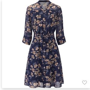 Hobemty V-Neck 3/4 Sleeve Tie Waist Button-Down Floral Chiffon Dress Dark Blue